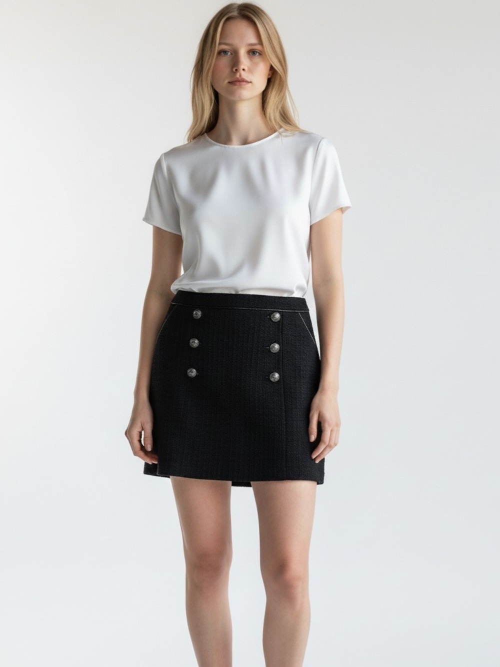 White House Black Market Black Tweed Button Detail Skirt Size 6